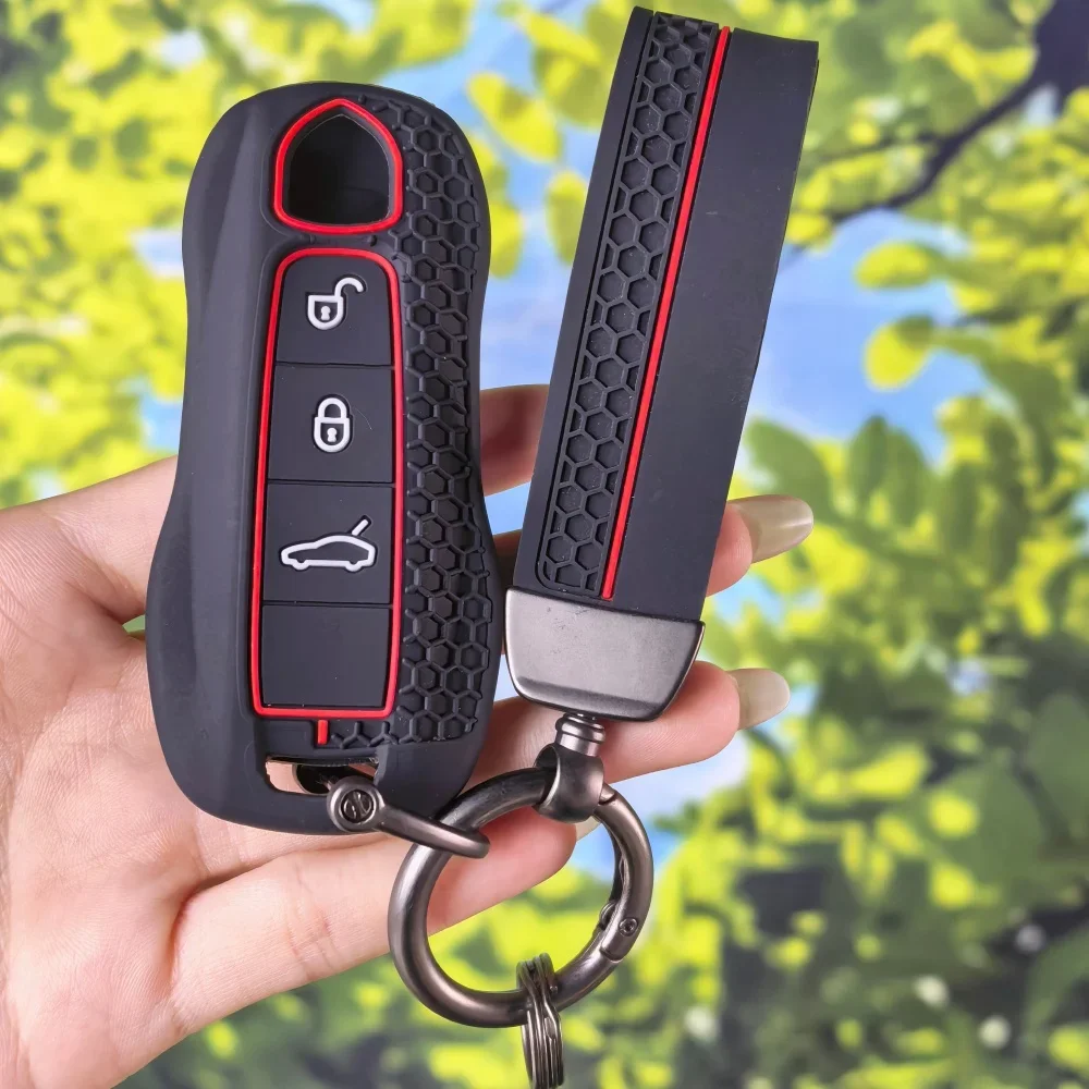 Honeycomb‑Texture Silicone Key Fob Cover With Keychain Chain For Porsche Panamera Cayenne 971 911 9YA Macan Boxster