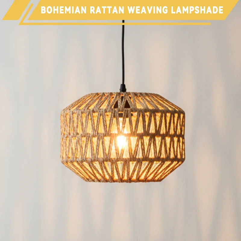 Bohemian Octagonal Rattan Woven Lamp Shade Lightweight Hollow Wicker Handcrafted Rustic Light Cover Replacement Lamp Guard