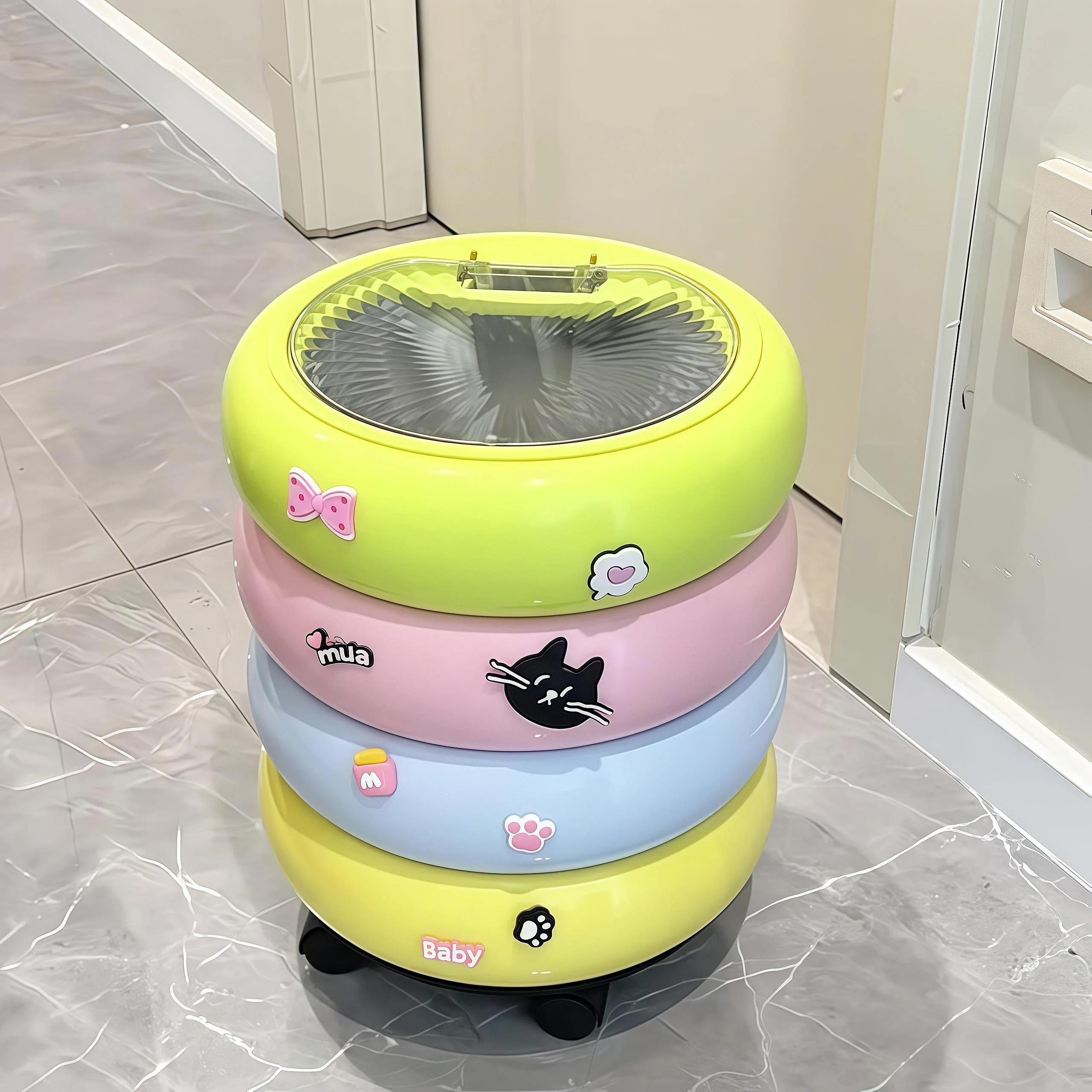 Large Capacity Covered Ice Cream Trash Can for Home Use Bedroom Living Room round Body Plastic Trash Can with Press Open Way