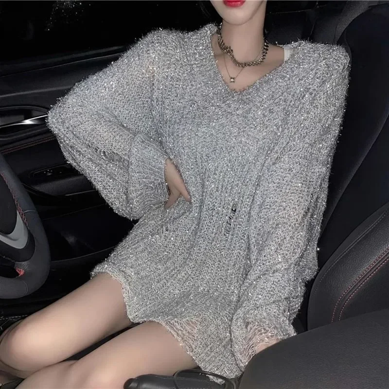 Bright Silver Shiny Sweater Women Autumn New Loose Lazy Mid Length Chic Pullover Fashion Frayed Goth Knitted Tops Pull Femme