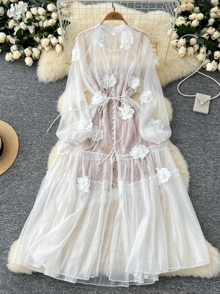 

Solid Flower Embroidery Lace Up 2 Piece Set Women Round Neck High Waist Long Sleeve Elegant Dress 2025 Summer Chic Suits New