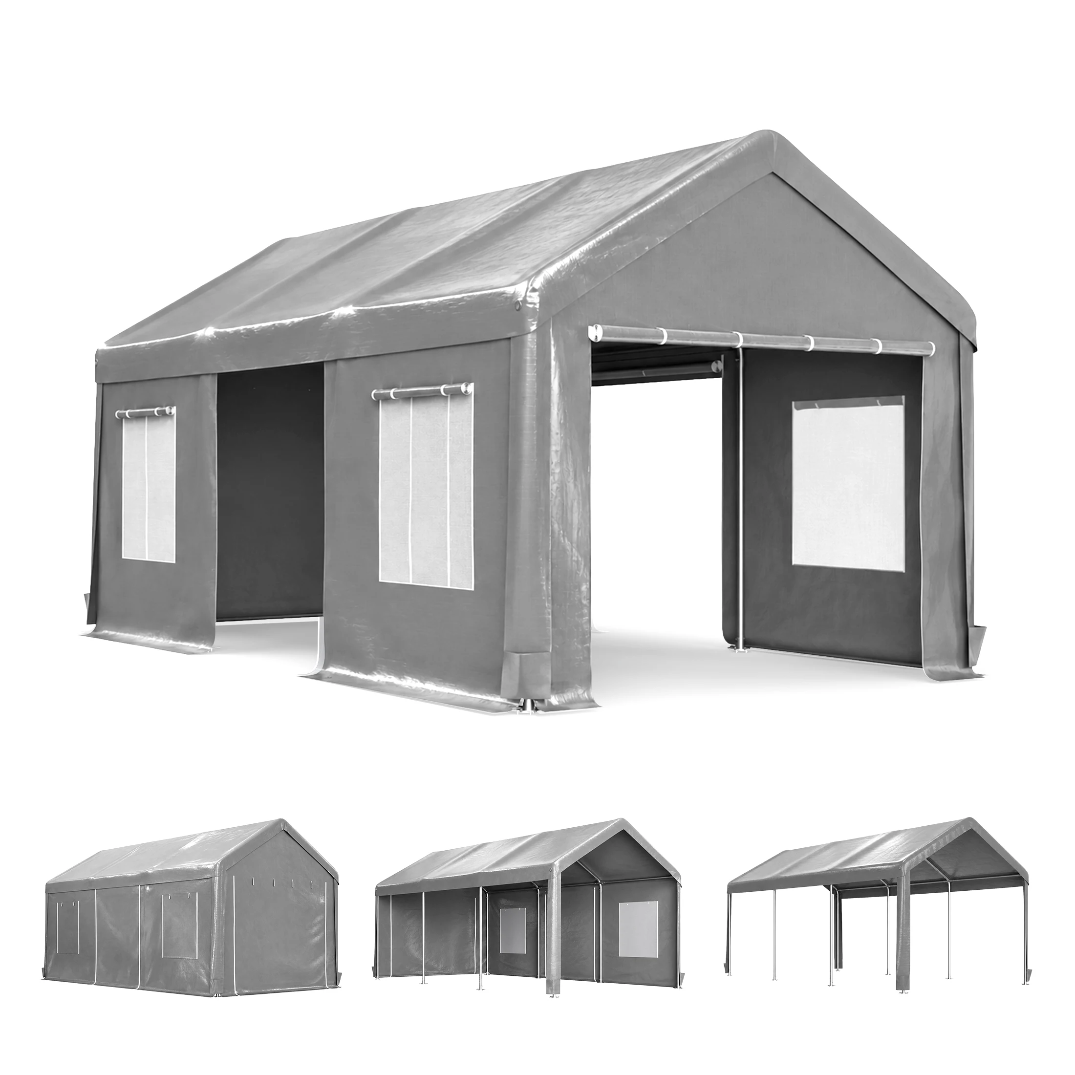 Heavy Duty Carport Canopy 10x20 FT 12x20 FT Roll Up Doors Mesh Windows Galvanized Steel Frame Waterproof UV 187 Sq Ft Car SUV Truck Boat
