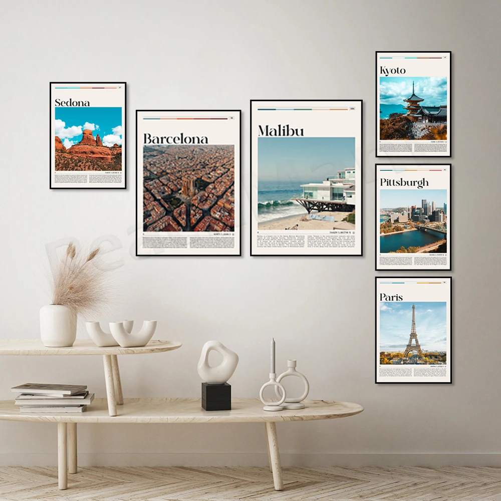 Dublin, Pittsburgh, Barcelona, Paris, Bali, Detroit, Kyoto, Malibu California, Dana Point Orange County, Sedona Travel Poster