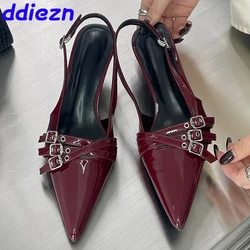 Slingbacks Pumps New Ladies Medium Heels Shoes Female Shallow Fashion Pointed Toe Footwear Women Heeled Shoes Wine Red 2024