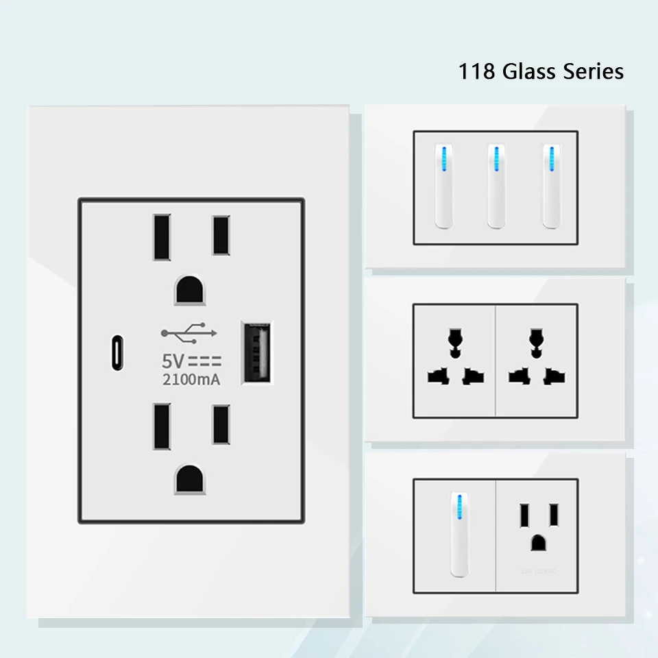 

American Standard White Glass Fast Charging USB C Wall Universal Socket, Us 15A wall LED Light Switch, Mexican Outlet 118mm*75mm