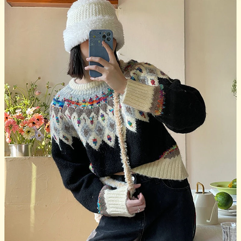 Vintage Fair Isle Sweater Jacquard Sweater for Women Argyle Aesthetic Knitted Pullover Crop Top Sweet Girls Winter Clothes Loose