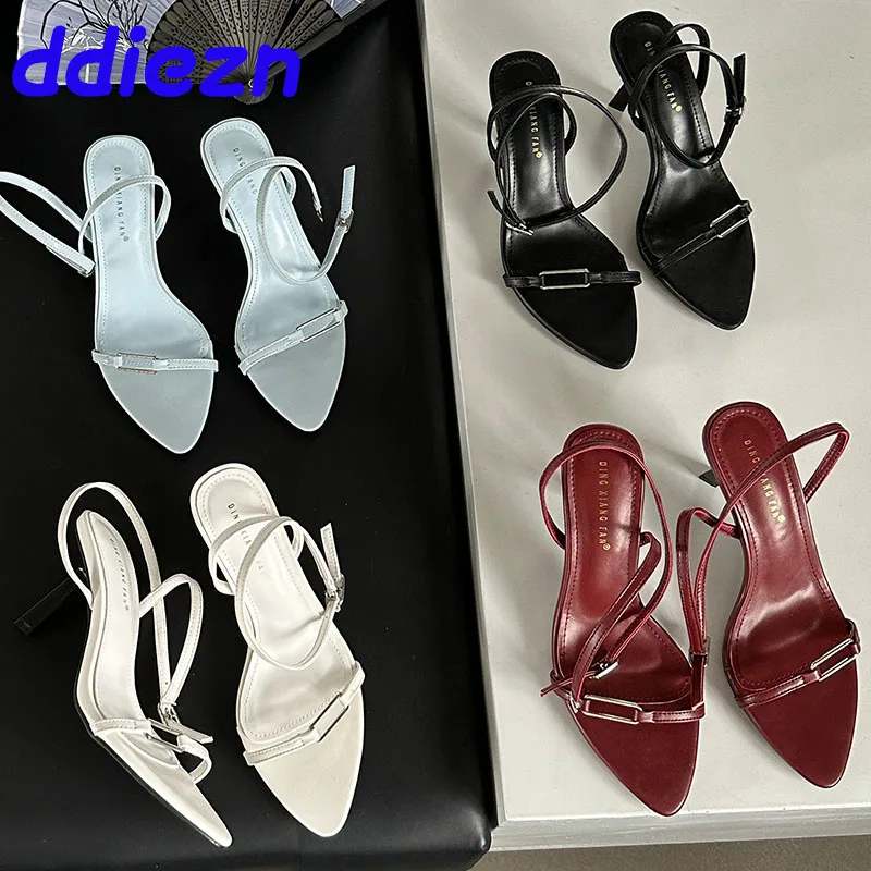 Ladies High Heels Sandals Shoes Female Pointed Toe 2024 Ankle Buckle Strap Footwear Fashion Metal Women Pumps Heels Red Shoes