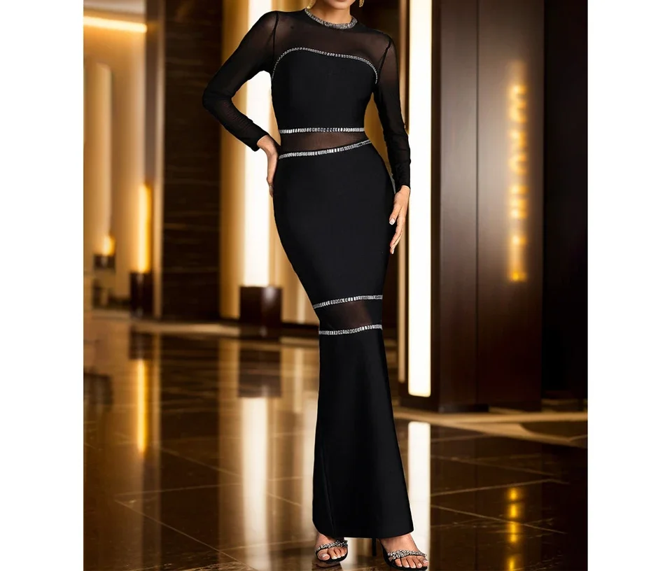 ชุดเดรสทรงบอดี้คอนสำหรับผู้หญิง สไตล์หรูหรา แฟชั่นสตรีทแวร์ ผ้าตาข่าย แขนยาว ทรง Y2K คอกลม เอวสูง กระโปรงใหม่ ฤดูใบไม้ร่วง 2024