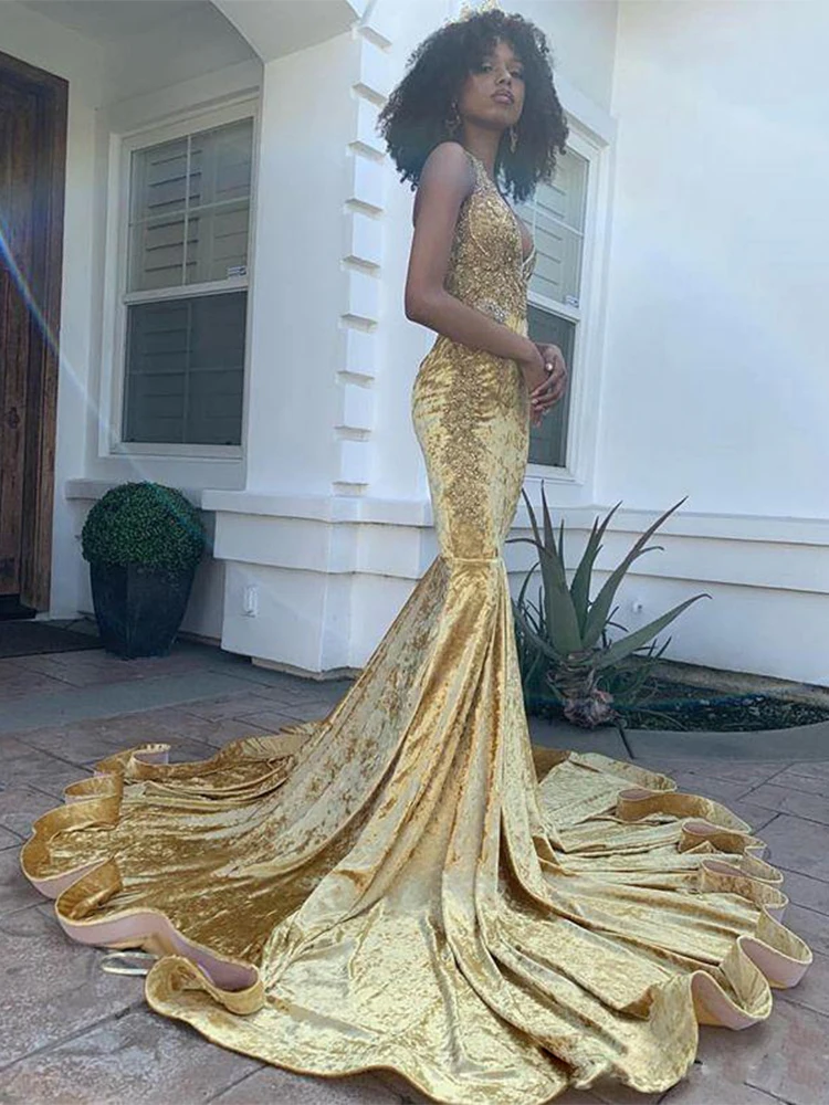 2022 Sexy Mermaid Prom Dresses Spaghetti Dây Đeo Sâu V-Neck Với Appliques Formal Đảng Dresses Gown Dresses Robe De Dạ Hội