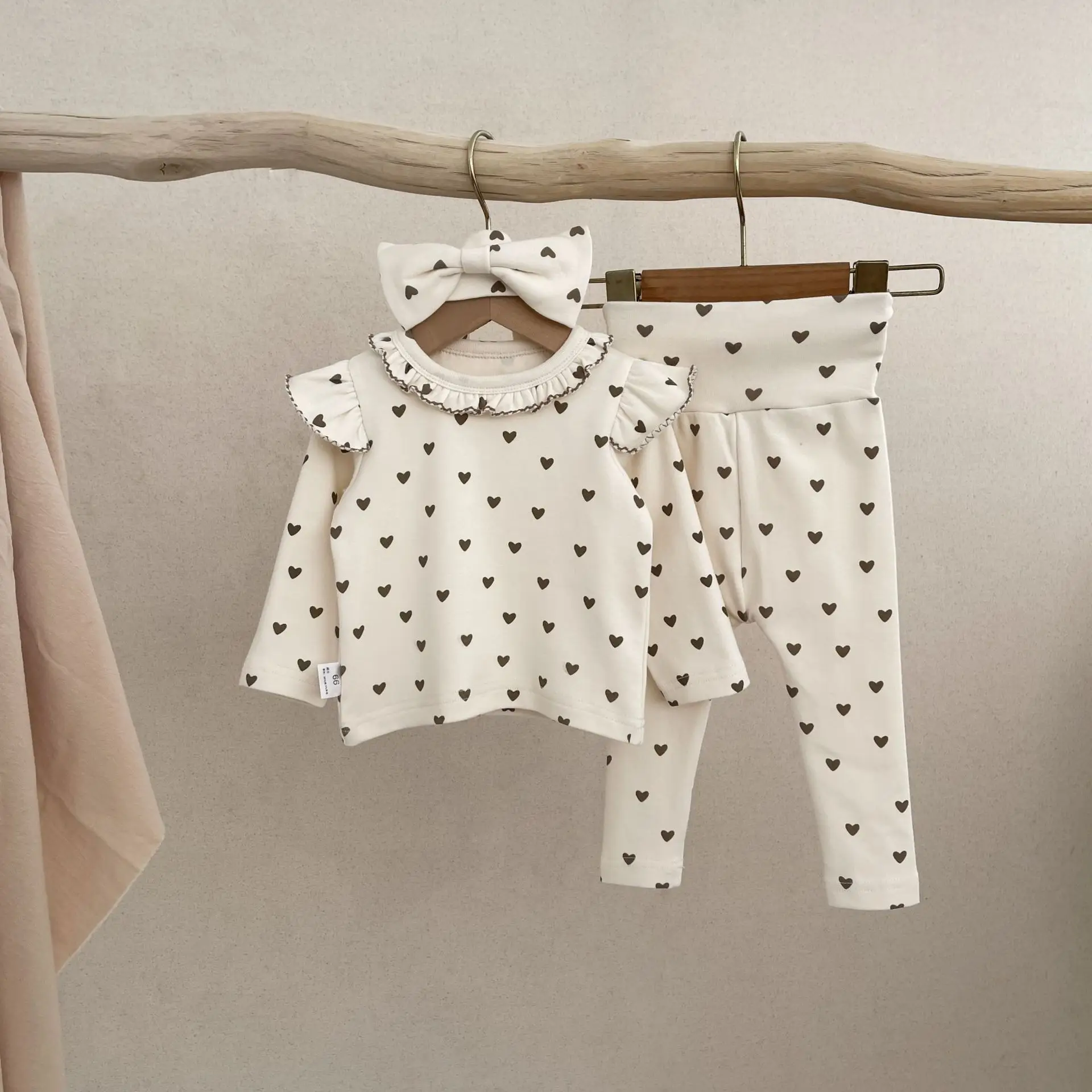 2024 Autumn New Baby Girl Home Clothes Set Infant Heart Print Tops + Pants + Hair Band 3pcs Suit Toddler Baby Cotton Outfits