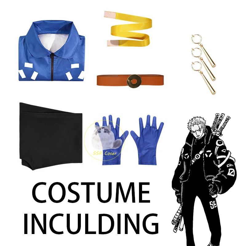 Anime Roronoa Zoro Cosplay Kostuum Uniform Fantasie Handschoenen Pruik Oorbellen Ei Hoofd Halloween Rollenspel Fantasia Outfits Volwassen Mannen