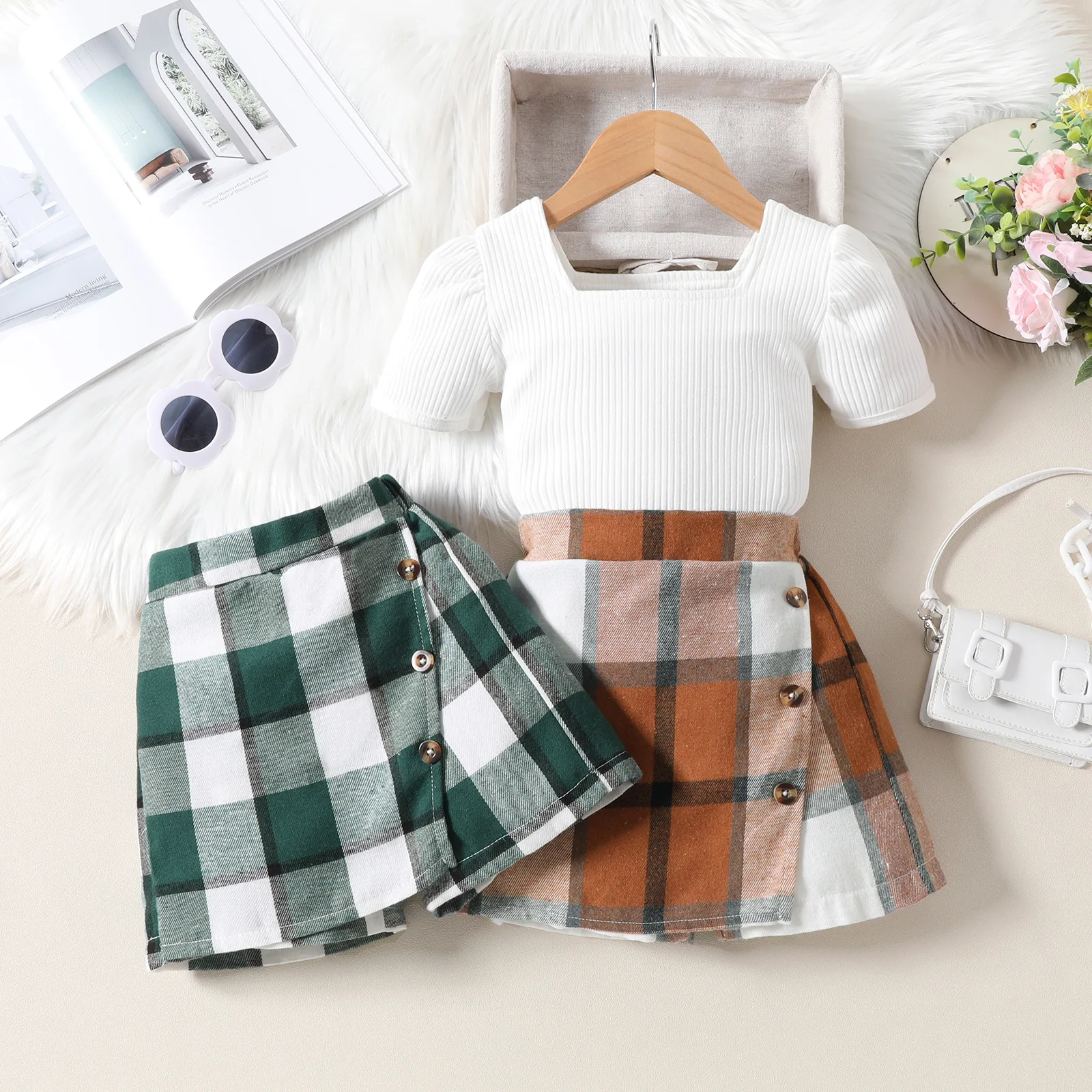 

New 2024 Summer Girls Clothes Sets Puff Short Sleeve White T-shirt Tops + Irregular Plaid Shorts Children's Casual Clothing