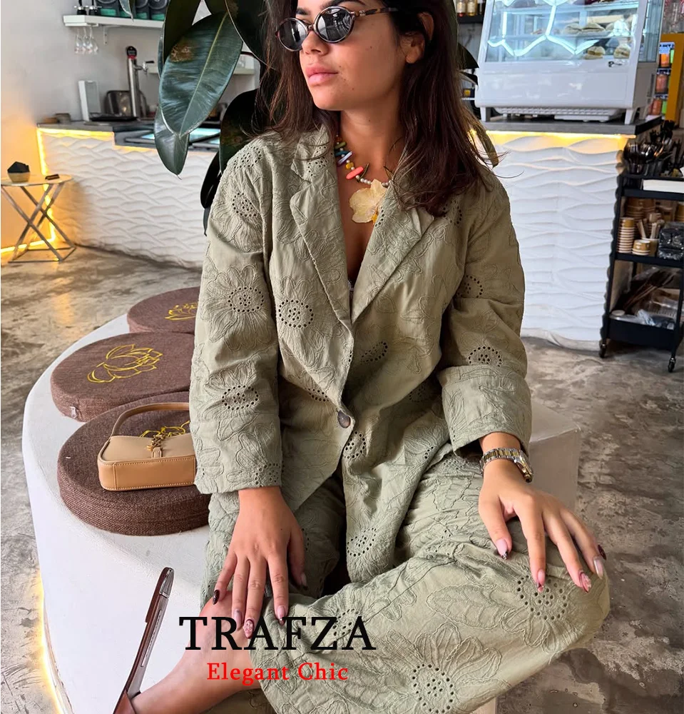 

TRAFZA Vintage Chic Embroidery Suit Women's Hollow Button Blazer Or Long Pant 2025 Spring Summer Fashion Commute Lady Pant Set