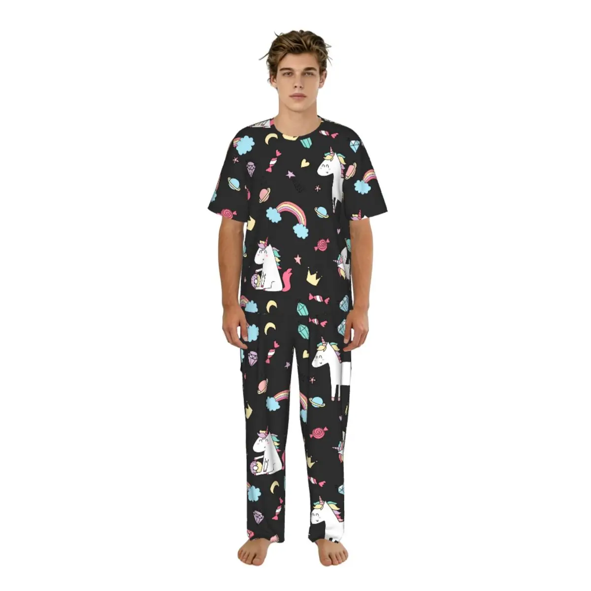 

Sleepwear Summer Spring Home Clothes Cute Unicorn Dreams Pattern Short Sleeve Long Pant Nightwear