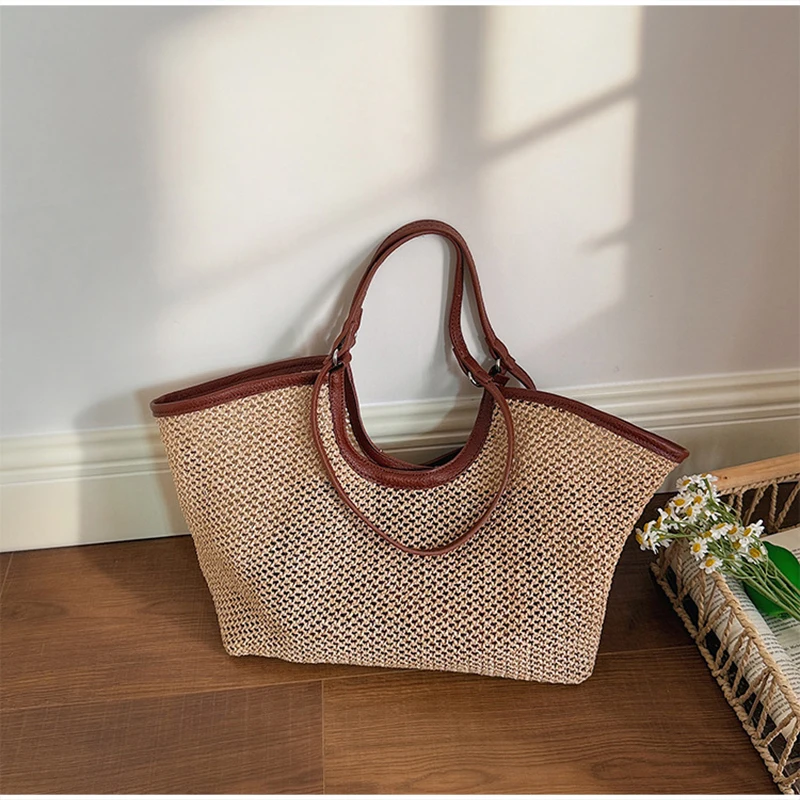 Große gewebte Tragetasche, Damen Frühlingstrendige Kontrastfarbene Hochwertige Vielseitige Schultertasche mit Henkel und Henkelgriff – Detail 15