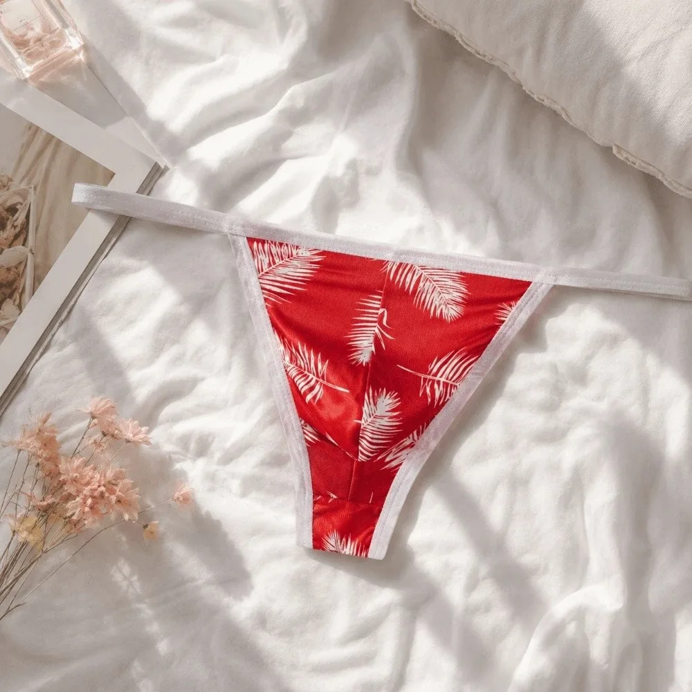 Comfortable Thin Strap Underwear Male Ice silk Low Waist Men's Thong Lingerie Feather Printed Thin Panties Boy
