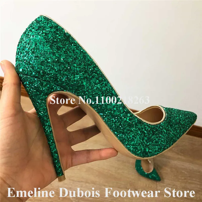 Bling Bling Glitter Pumps Emeline Dubois Pointed Toe Green Black Silver Sequined Stiletto Heel Dress Shoes Wedding High Heels