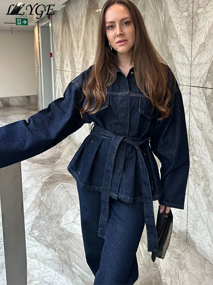 Vintage gesplitste denim jas broek set vrouwen riem enkele rij knopen jassen zakken rechte jeans 2025, lente dame straat outfit