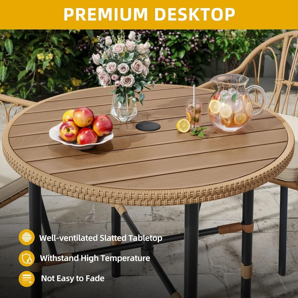 Ensembles de salle à manger de patio 5 pièces, ensemble de meubles de salle à manger d'extérieur avec trou pour parasol de 2 ", ensemble de table ronde et de chaises en osier et rotin avec Co