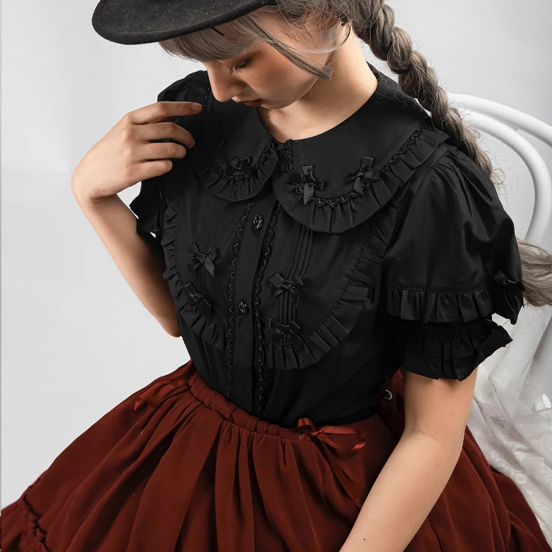 Blusa de Lolita victoriana para mujer, camisa de cuello Peter Pan con lazo Kawaii, Blusa de manga corta abombada, estilo japonés, Y2K