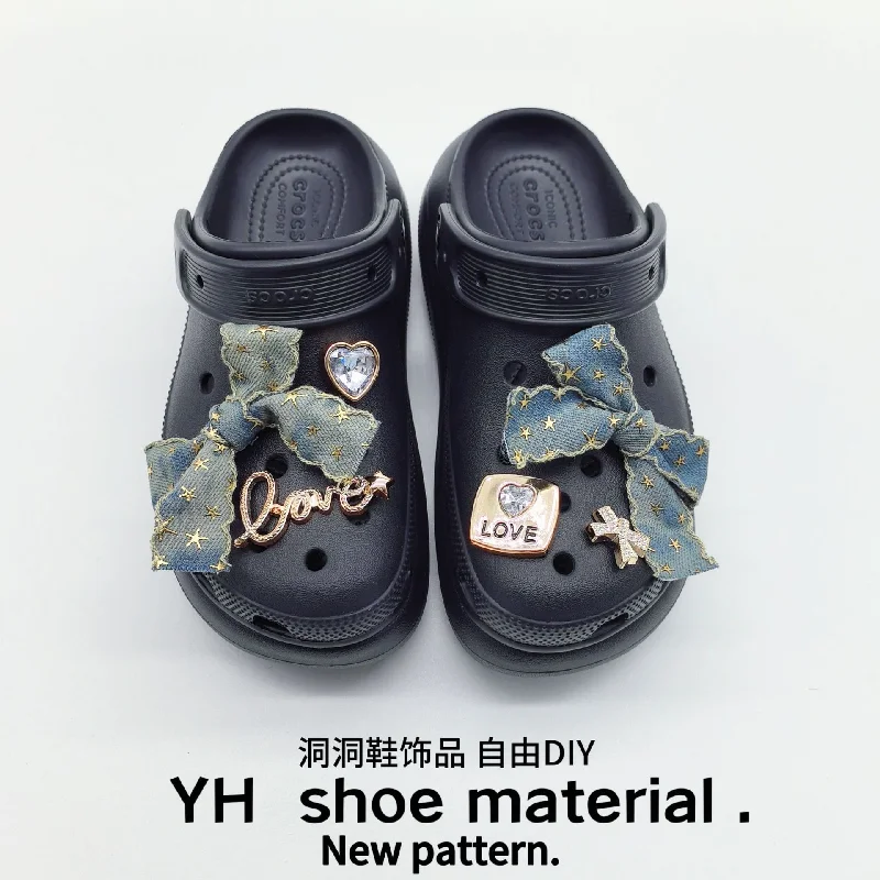 New Arrival Denim Bow Clog Shoe Charms Kit Ins Vibe DIY Shoe Flower Ornaments for Hole Slippers Decor Accessories