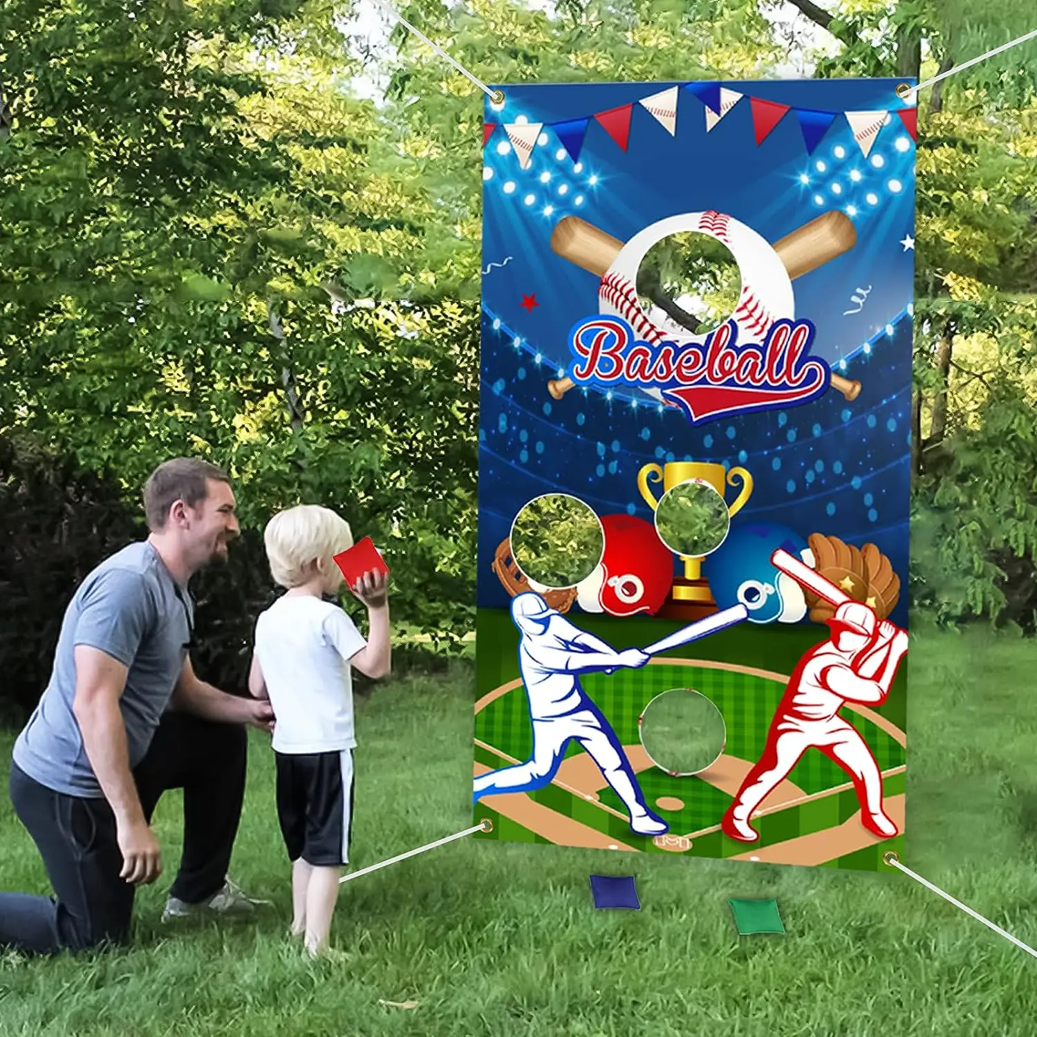 

Baseball Toss Game Baseball Themed Backdrop with 3 Pack Bean Bags Throw Games for Kids Adults Baseball Birthday Party Decoration