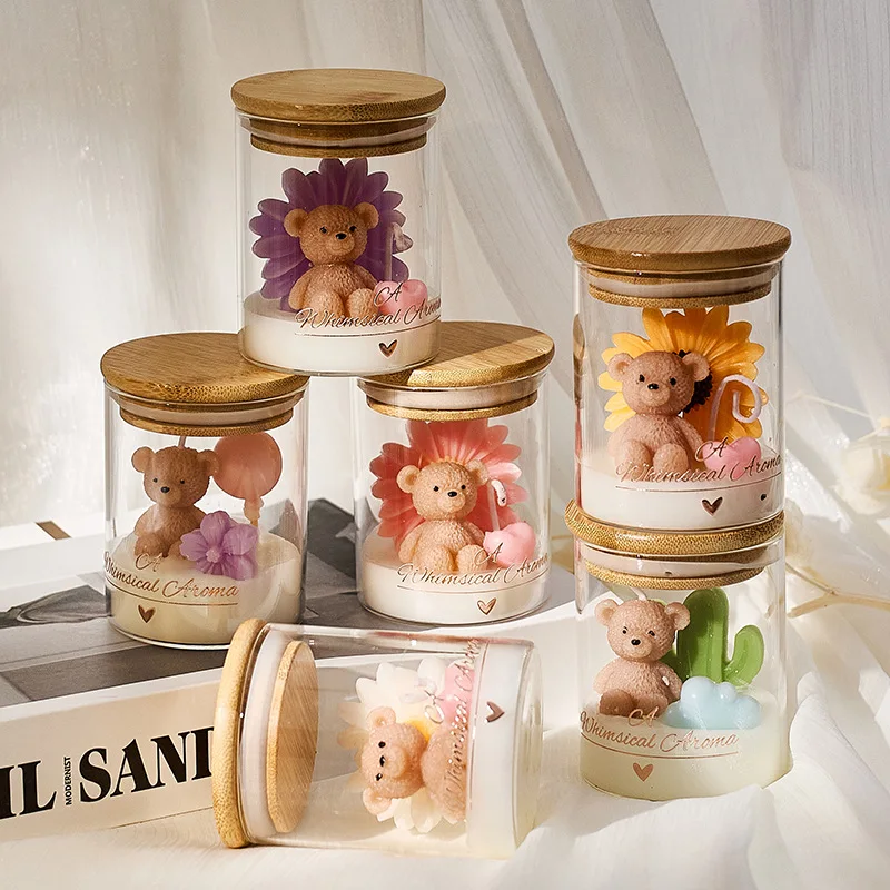 Cartoon Cute Bear Sunflower Cactus Scented Candle Handcrafted Birthday Gift Souvenir Tabletop Atmosphere Decoration Candle Cup