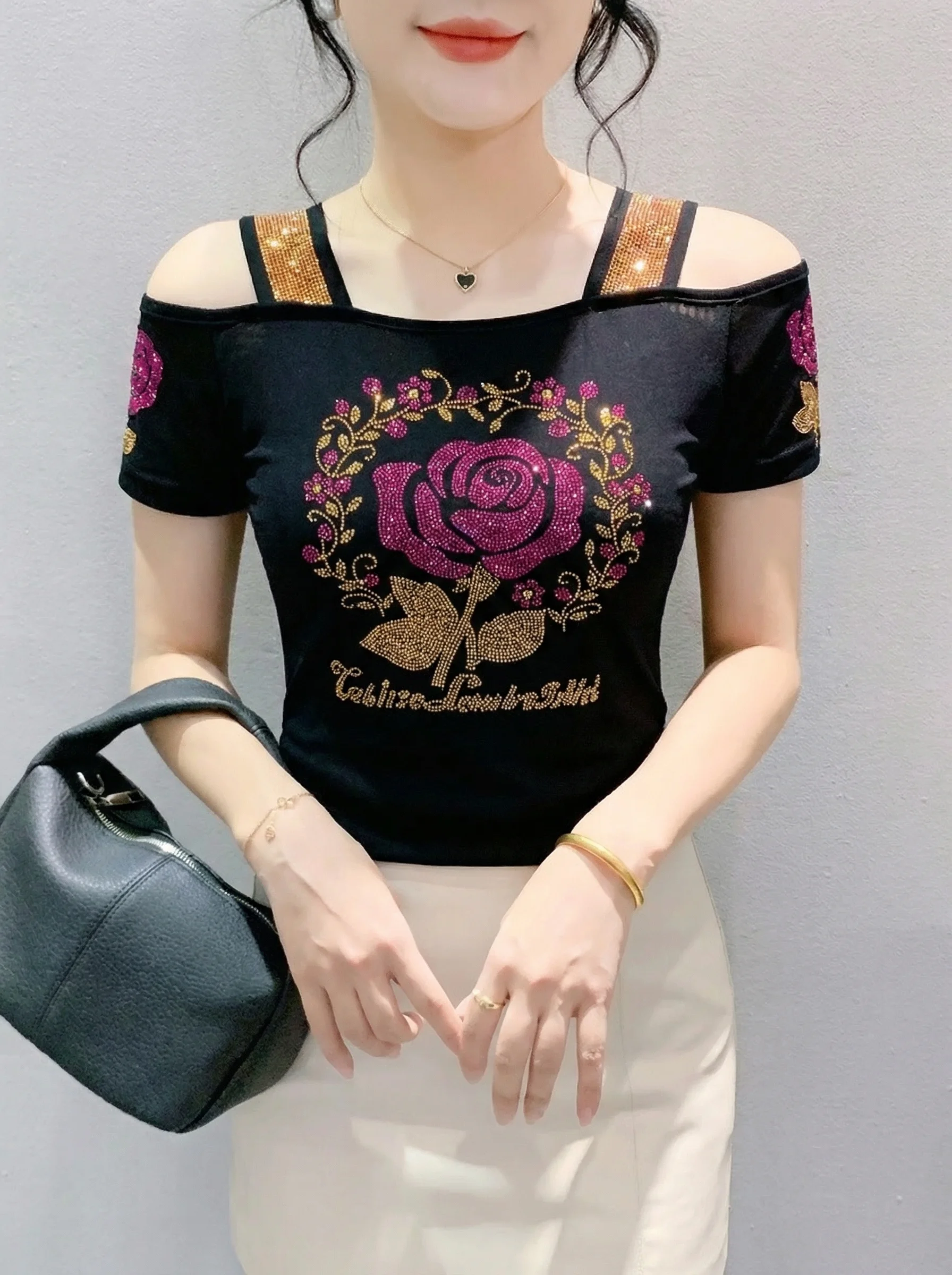 New Designer Hot Diamond Mesh T-Shirt Women Korean Style Sexy Off Shoulder Slim Tee Summer Casual Streetwear Tops