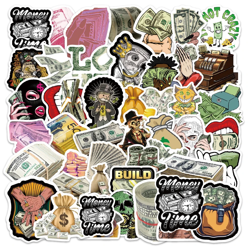 Pegatinas de la serie de dinero de dibujos animados, calcomanías de grafiti personalizadas, cuaderno, maleta, teléfono, decoración divertida, 10/30/52 Uds.