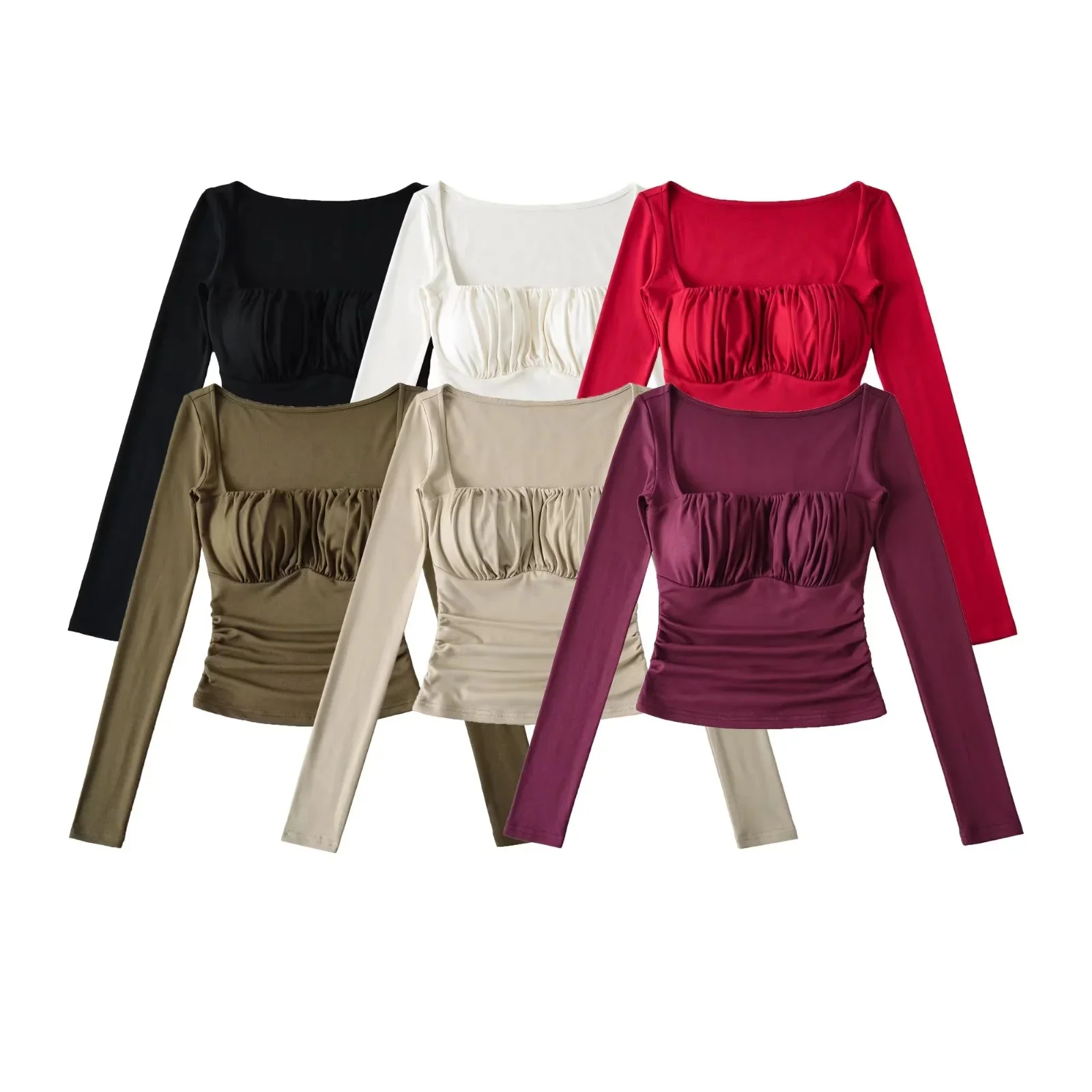 Slim Fit Long Sleeve T-Shirt Women's Sexy Style Gathered Waist Short Length Chest Pad Square Collar Slimming Effect Top