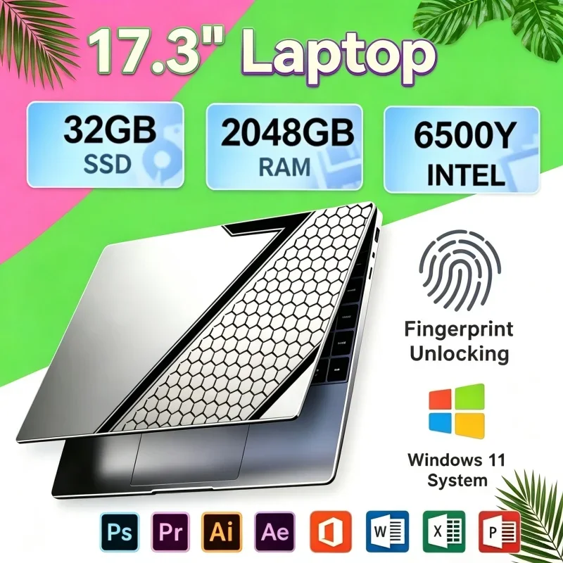 17.3" Radiant Laptops Intel 6500Y Windows 11 32GB 2TB HD Display Fingerprint Unlock Gamer Study Office Notebook Computer PC