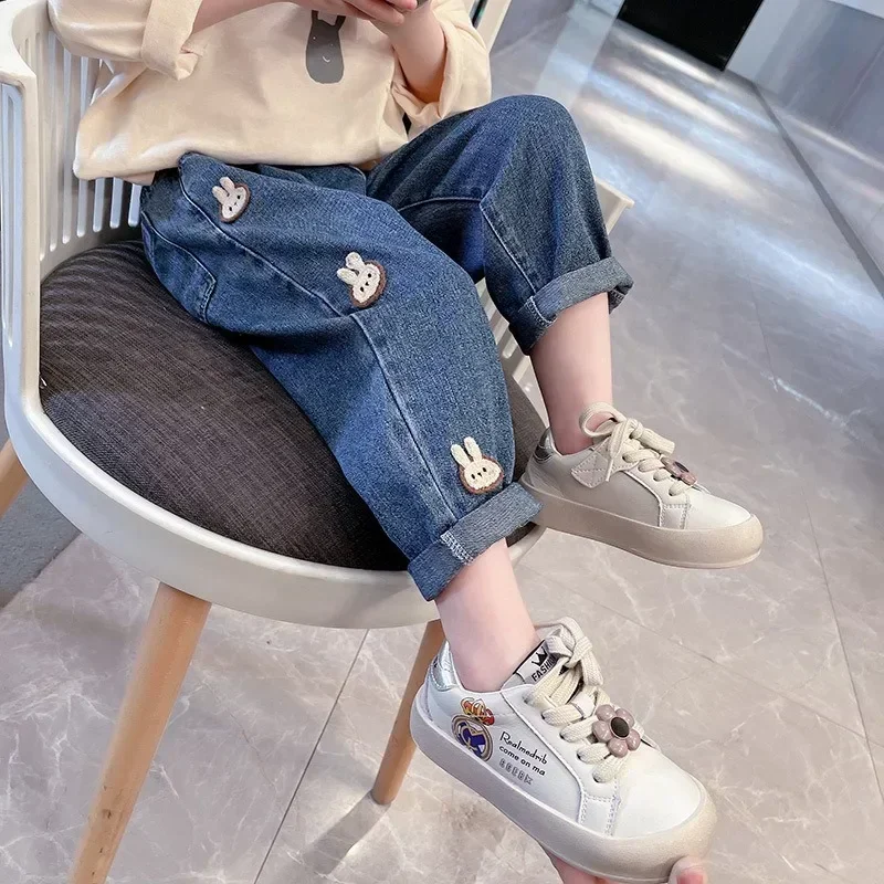 2024 Spring Fashion Kids\' Jeans for Casual Outfits Comfortable Cute Cartoon Rabbit Pattern Jeans for Girls Baby Girl Jeans