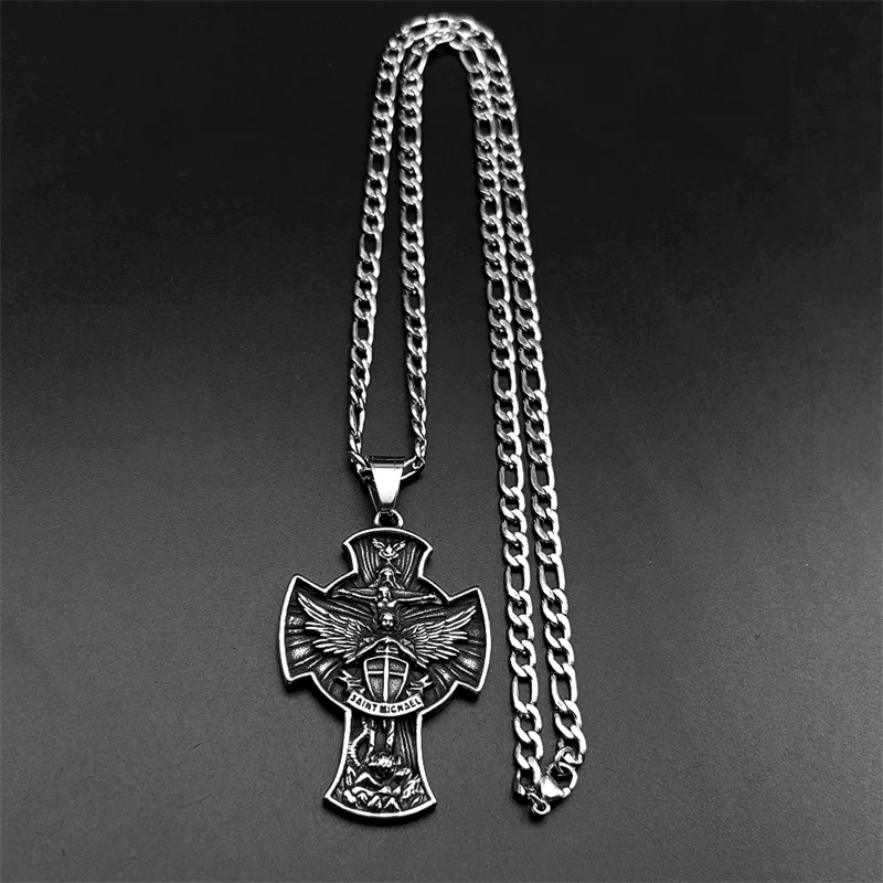 خمر رئيس الملائكة سانت مايكل يسوع الصليب قلادة قلادة للرجل الفولاذ المقاوم للصدأ أجنحة الملاك درع سلسلة تميمة المجوهرات #4