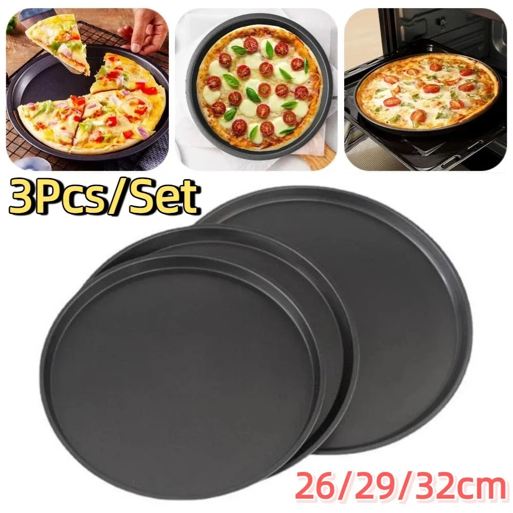 

3Pcs/Set Carbon Steel Pizza Pan Non-Stick Black Pizza Oven Tray Easy To Clean Easy Demoulding Shallow Round Pizza Plate Kitchen