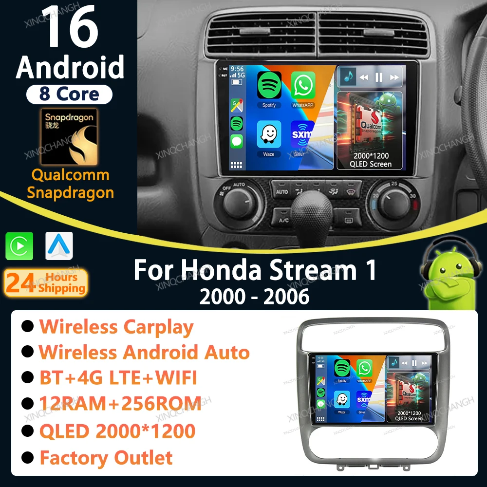 Android 16 Car Radio Carplay Auto For Honda Stream 1 2000 - 2006 Video Stereo Player Dash Fitting Panel Kit Audio Head Unit Kit