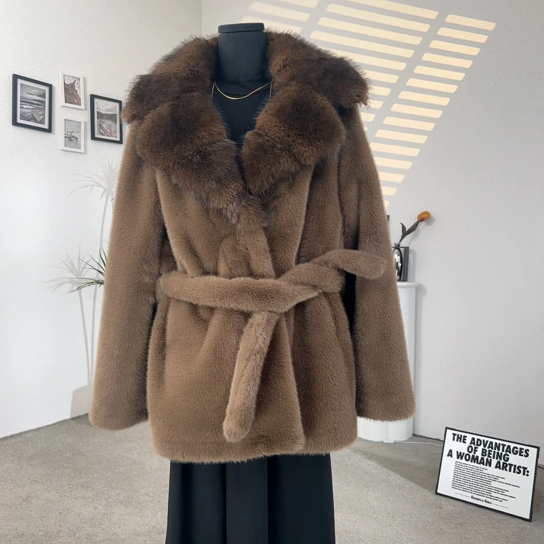 Winter Imitation Mink Fur Jacket Medium and Long Hooded Belt Artificial Fur Environmentally Friendly Fur Coat Women