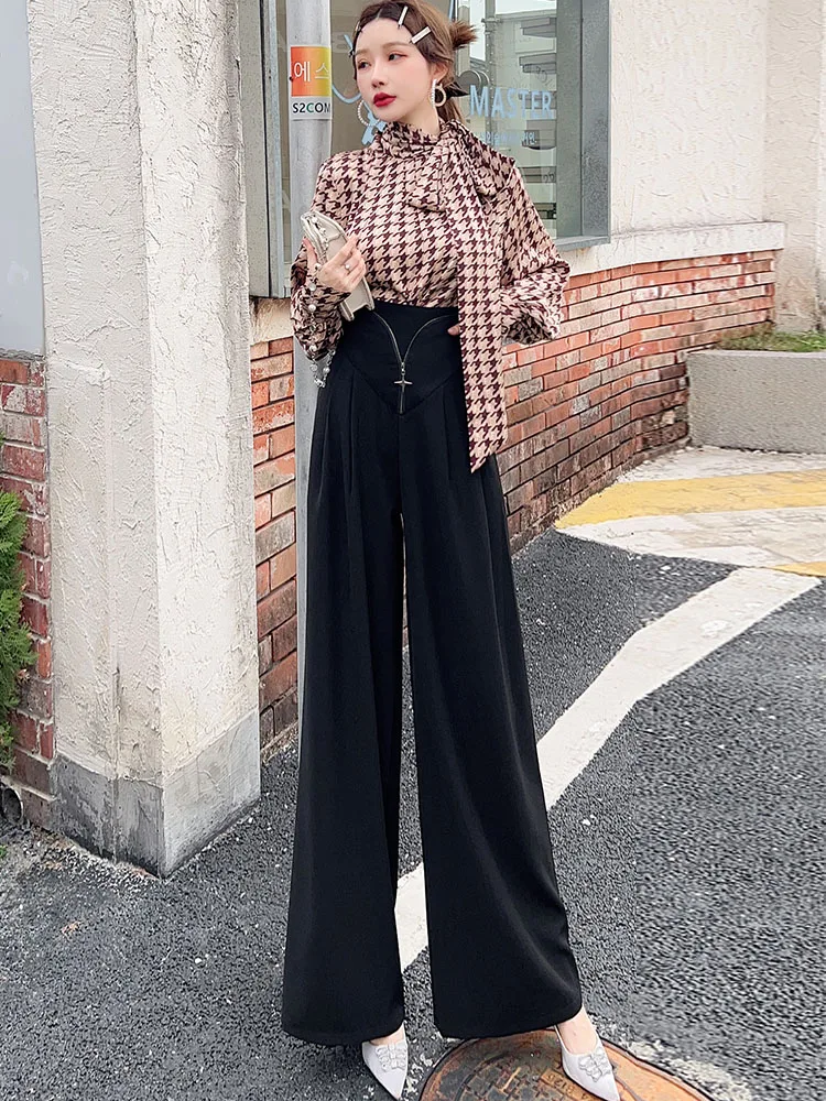 

Элегантный комплект с цветочным принтом: топ и брюки с высокой талией и широкими штанинами, осенний модный костюм-двойка для женщин