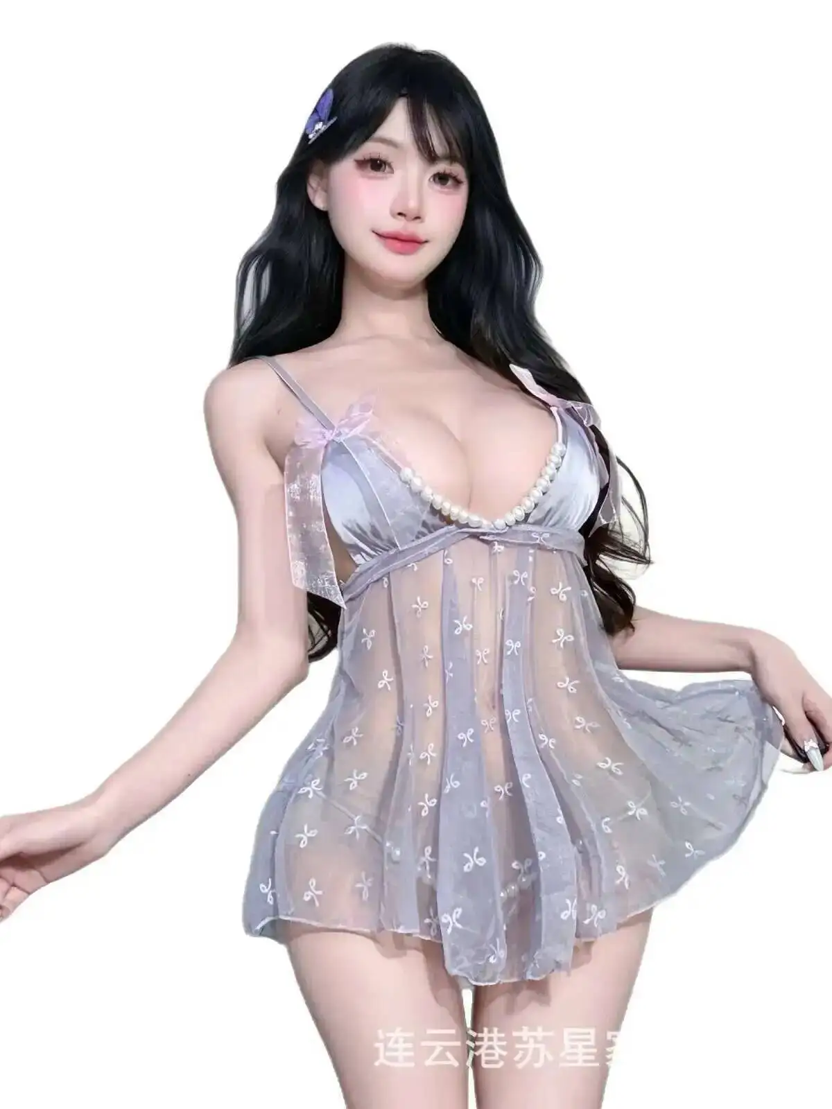 New Sexy Camisole Sleepwear Women's Lace Bow Black Lace Pure Desire Pearl Sheer Dress Elegant Fashion Women Mesh Lace HDG8