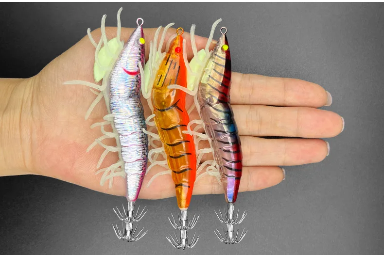 ShareShark 8-teiliges Set Leuchtende Weiche Garnelen-Jigs, Harte Angelköder, Garnelen-Tintenfisch-Haken, Holz-Garnelenköder, Angelköder-Set – Detail 9