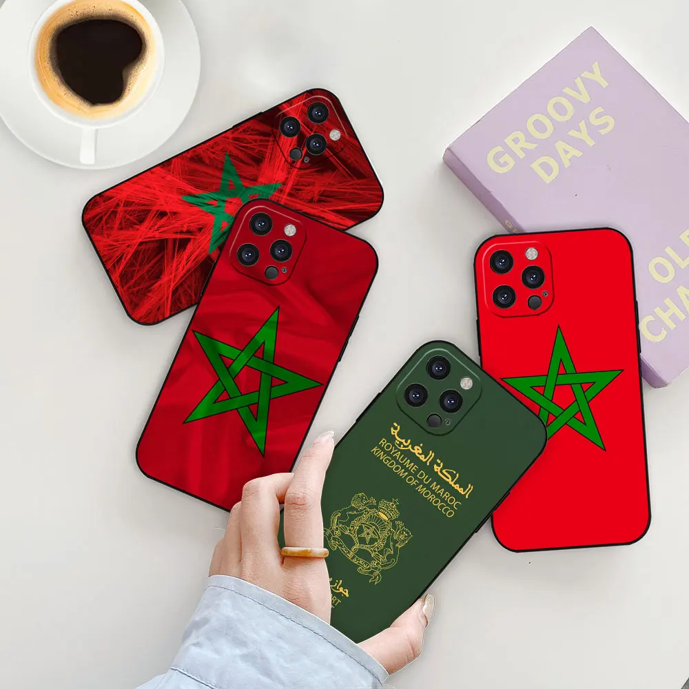 Moroccans Morocco Flag Passport Funda For iPhone 15 14 ProMax 13 12 Mini 11 Pro 7 8 Plus XS Max XR X Phone Case Black Soft Cover