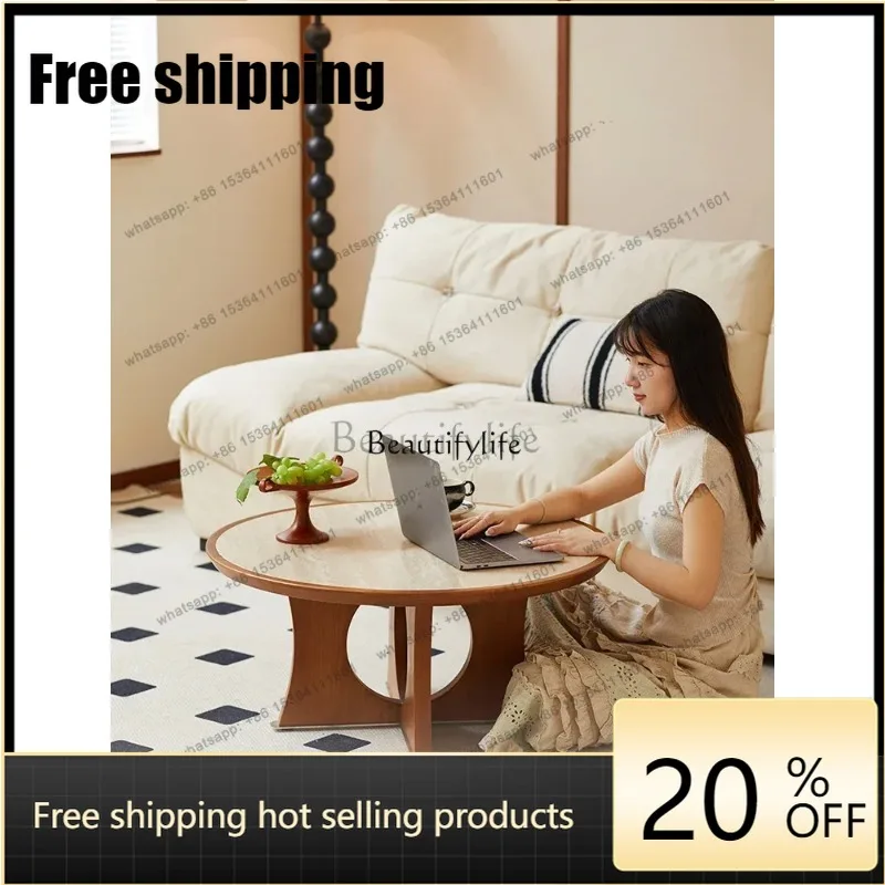 French retro solid wood travertine rock slab coffee table small apartment living room sofa side tableSSS Factory Direct