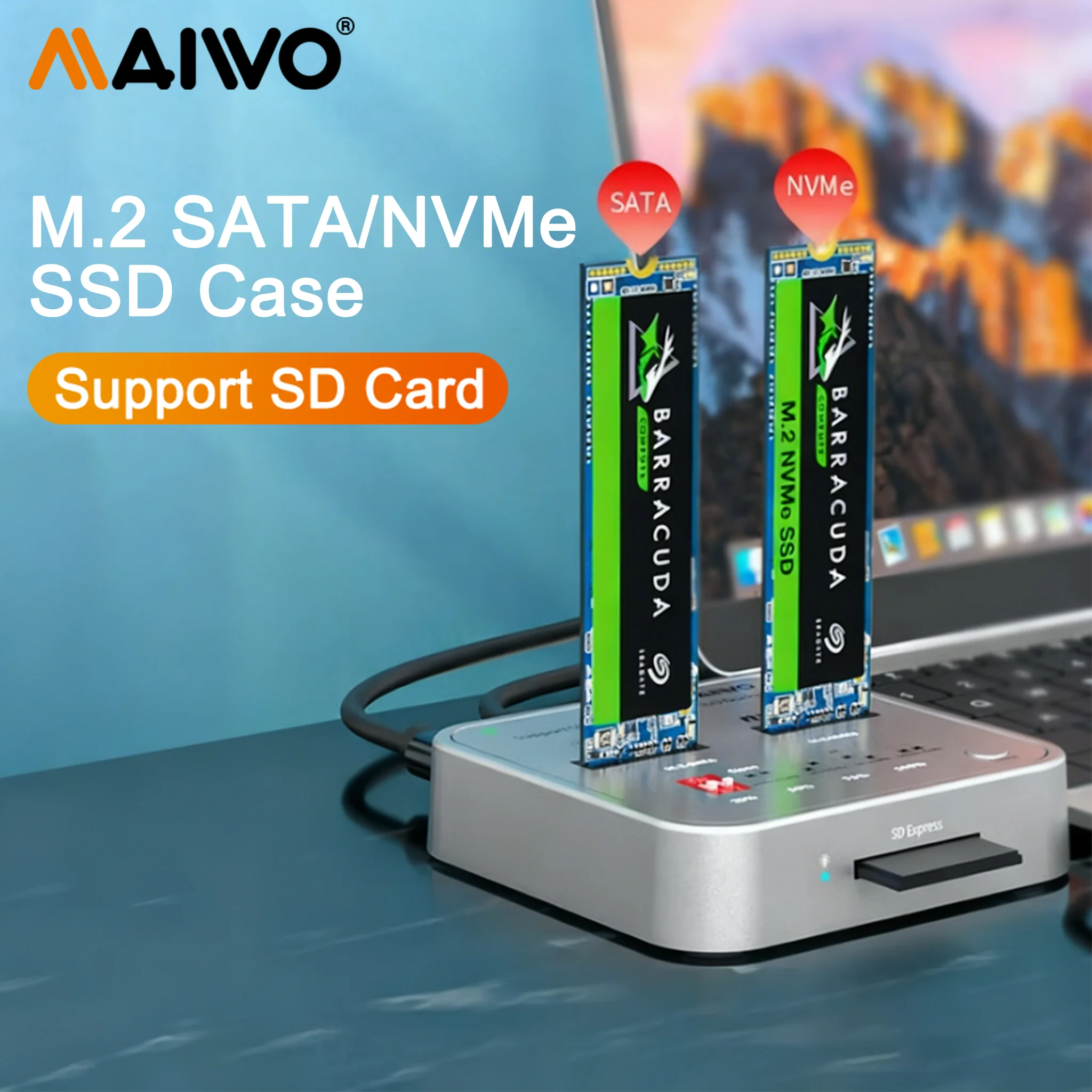 

MAIWO M2 NVMe SATA SD 2 Bay SSD Docking Station 10Gbps USB3.1 Gen2 PCIe Portable M2 SSD Reader Adapter Enclosure Support SD Card