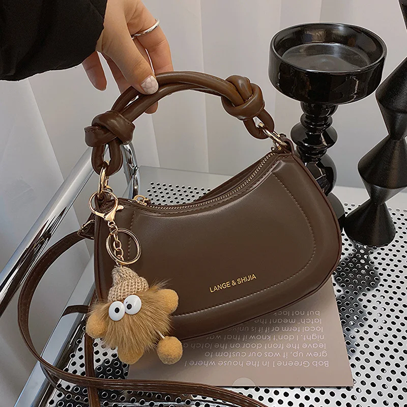 New Women\'s Fashion Handbags Brown Retro PU Leather Shoulder Bag Doll Decorative Korean Trend Casual Female Underarm Handbags