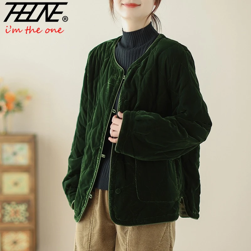 

THHONE New Winter Jackets for Women Warm Cotton Padde Parkas Vintage Casual Korean Style O Neck Loose Clothes Top Coat Outerwear