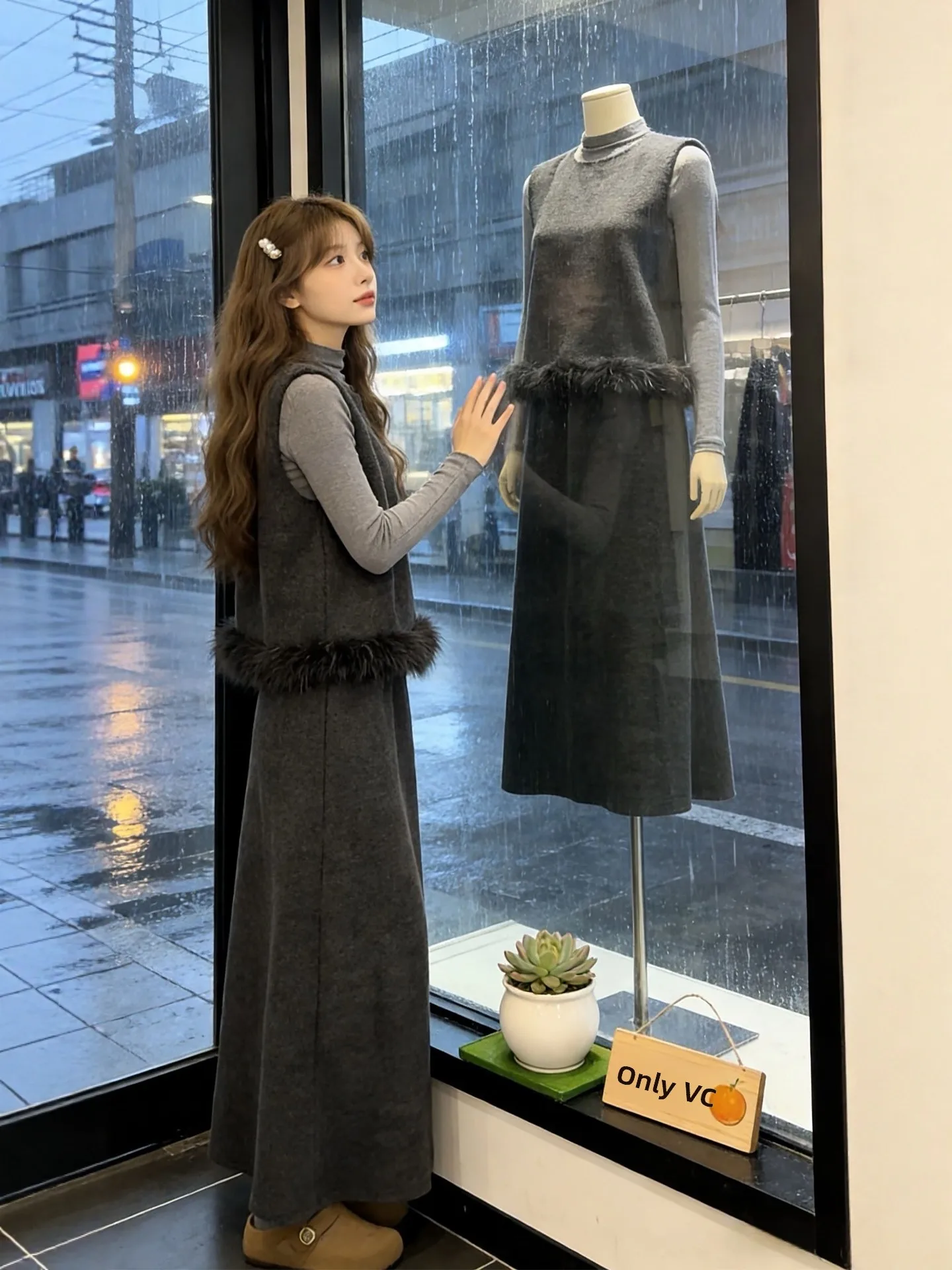 

Winter Faion plus Size Women's Woolen Vest Top Bot Skirt Set Tee Pieces Layered Clothing Lazy Sle Korean Loose Fit