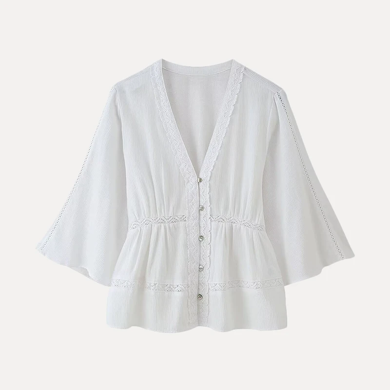 Printemps 2025 femmes Sle ample Vertical à volants garniture v-ne irt Z polyvalent longueur régulière couleur Pure Fiber de Polyester