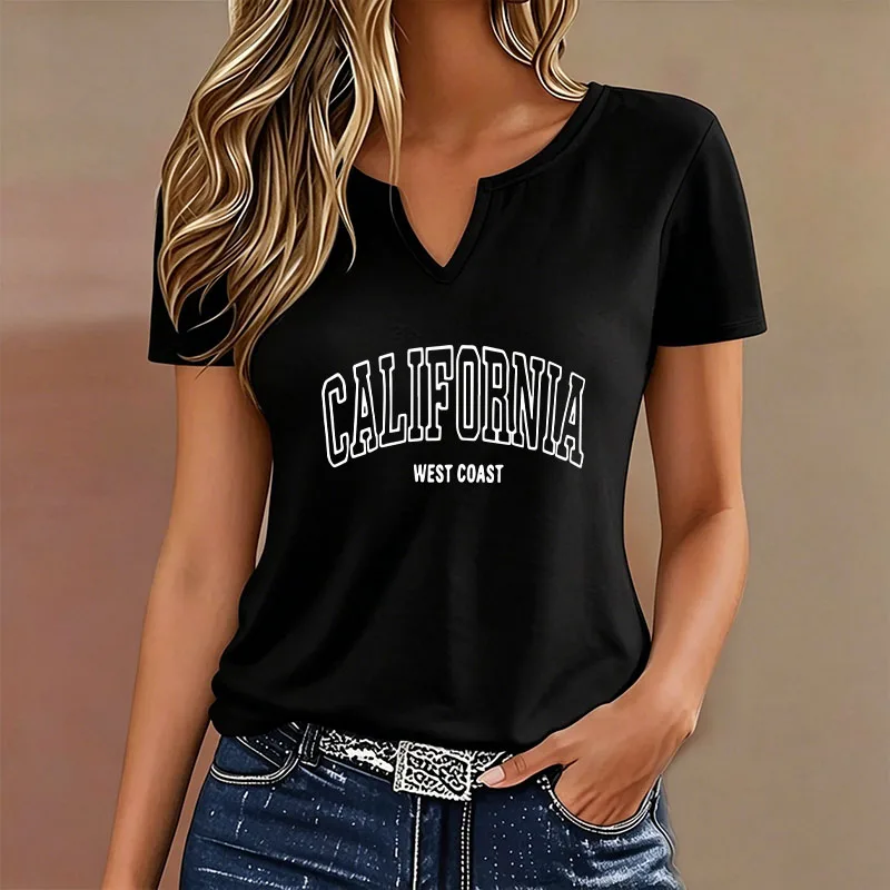 T-shirt V Neck Casual Fashion Y2k California West Coast Letter Printed T Shirt Women Short Sleeve Tee Shirt V-Neck Summer Spring