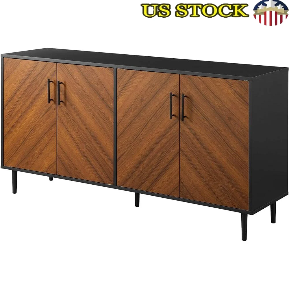 Modern 4-Door Bookmatch Buffet Sideboard Storage Unit with Adjustable Shelves Rubber Feet Easy Assembly Home Bar Organization