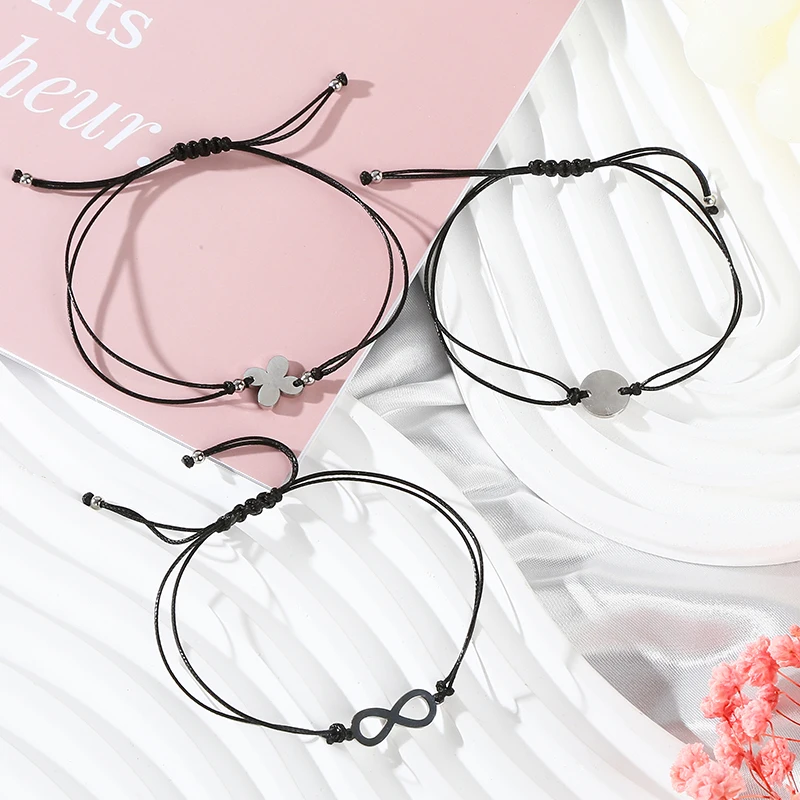 Change Better Black Rope Braided Love Heart Bracelet Women Simple Adjustable Stainelss Steel Geometric Accessories Jewelry