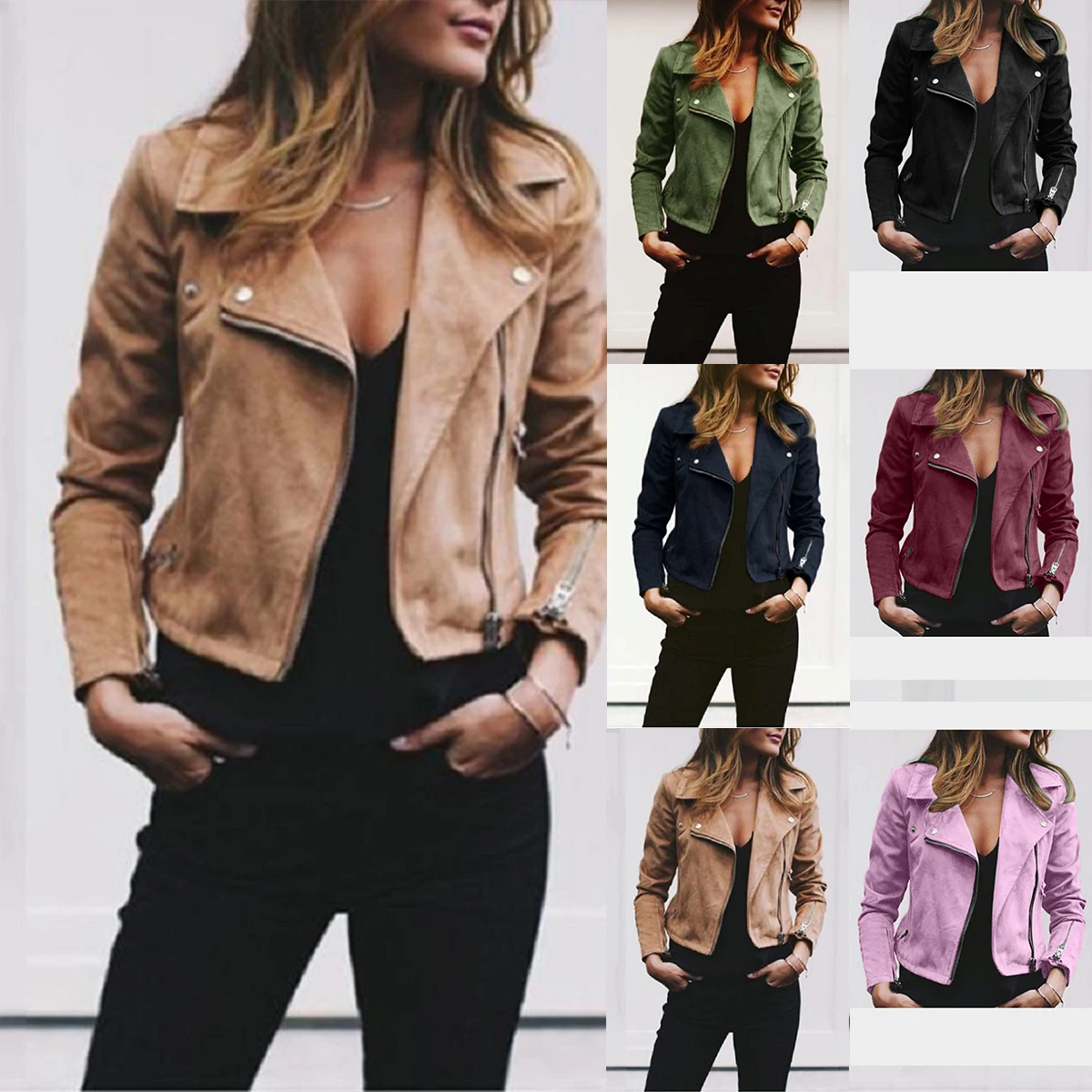 

2024 Autumn Female Woolen Jacket Long Sleeve Turn-down Collar Zipper Fly Short Coats Solid Color Women's Outerwear Slim Jacket